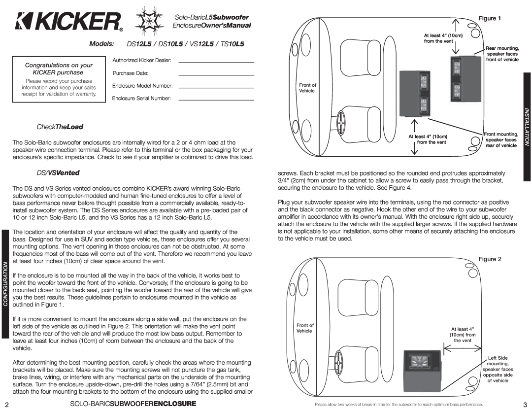 Kicker DS12L5 manual DS/VSVented, Solo-Baricsubwooferenclosure, Congratulations on your KICKER purchase, CheckTheLoad 