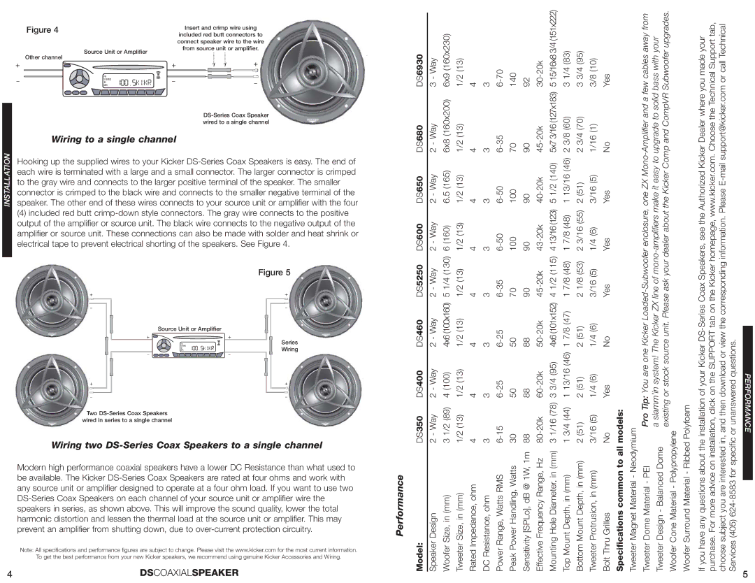 Kicker DS350, DS460, DS400 Wiring to a single channel, Wiring two DS-Series Coax Speakers to a single channel, Performance 