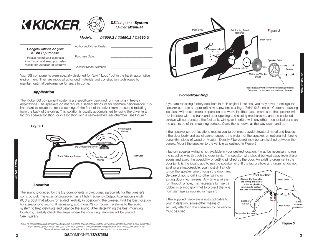 Kicker DS600.2 manual DSComponentSystem Owner’sManual, Application, Location, WooferMounting 