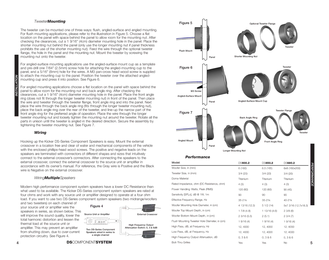 Kicker DS600.2 manual TweeterMounting, Wiring MultipleSpeakers, Performance 