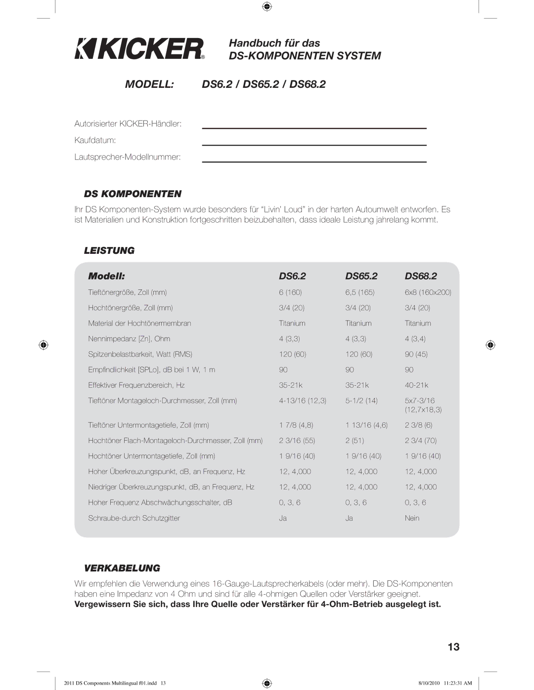 Kicker DS6.2  DS65.2  DS68.2 DS-KOMPONENTEN System Modell, DS Komponenten, Leistung, Modell DS6.2 DS65.2 DS68.2 