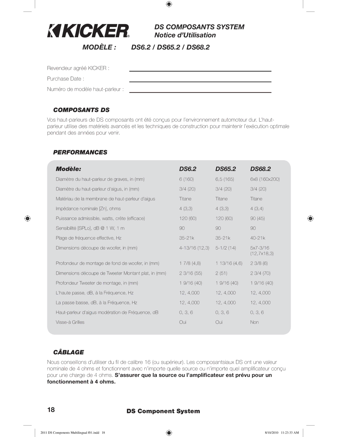 Kicker DS6.2  DS65.2  DS68.2 DS Composants System, Composants DS, Performances, Modèle DS6.2 DS65.2 DS68.2, Câblage 