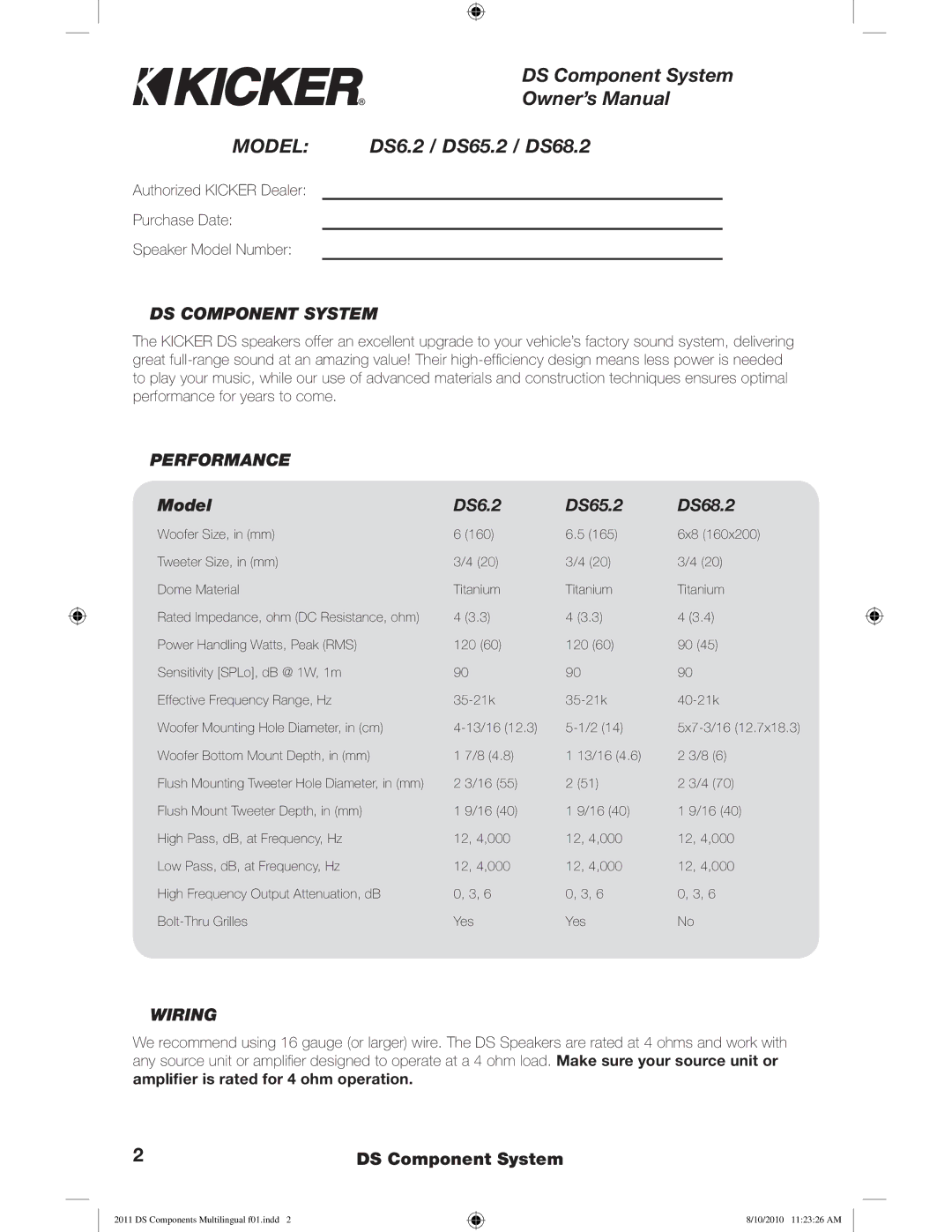 Kicker DS6.2  DS65.2  DS68.2 manuel dutilisation DS Component System, Performance, Model DS6.2 DS65.2 DS68.2, Wiring 