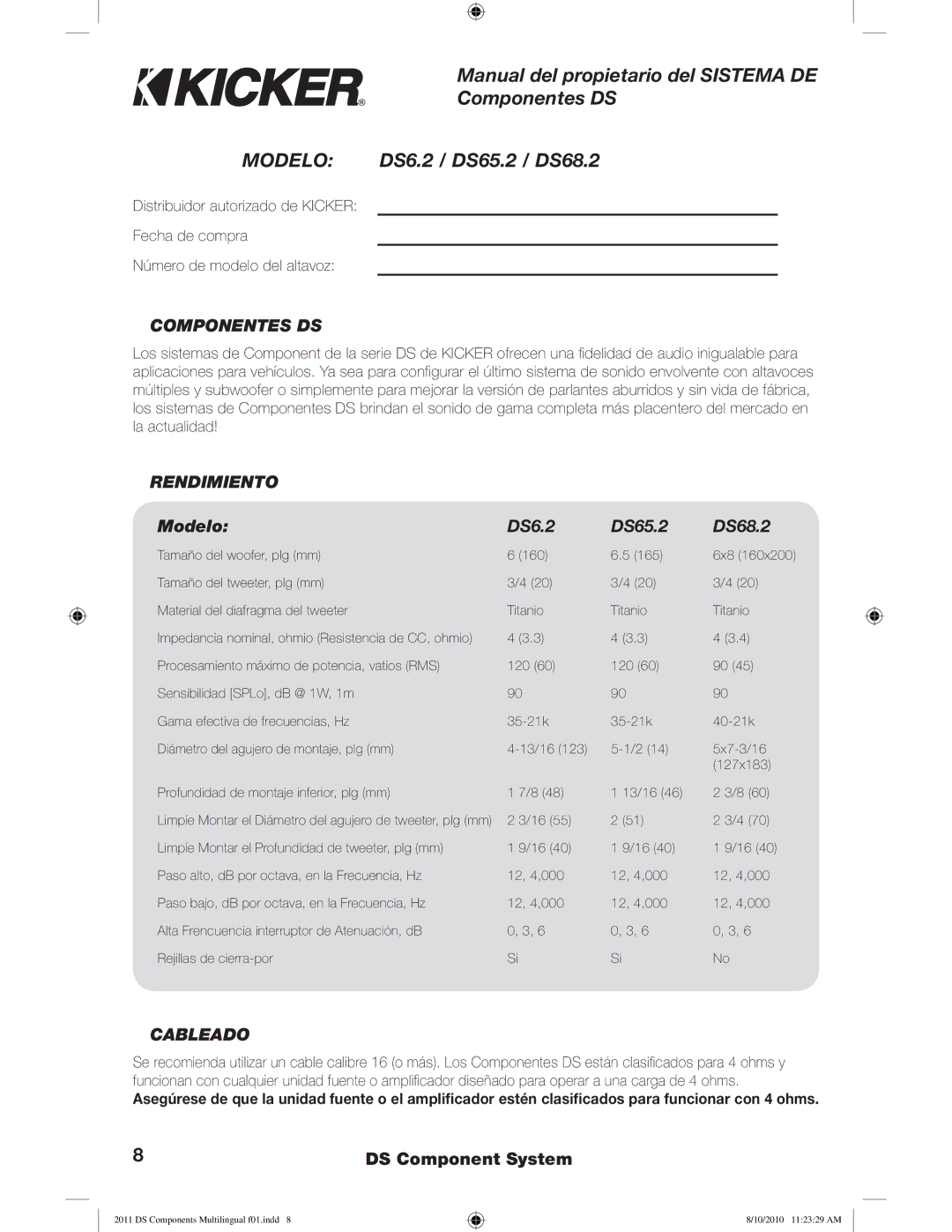 Kicker DS6.2  DS65.2  DS68.2 manuel dutilisation Componentes DS, Rendimiento, Modelo DS6.2 DS65.2 DS68.2, Cableado 