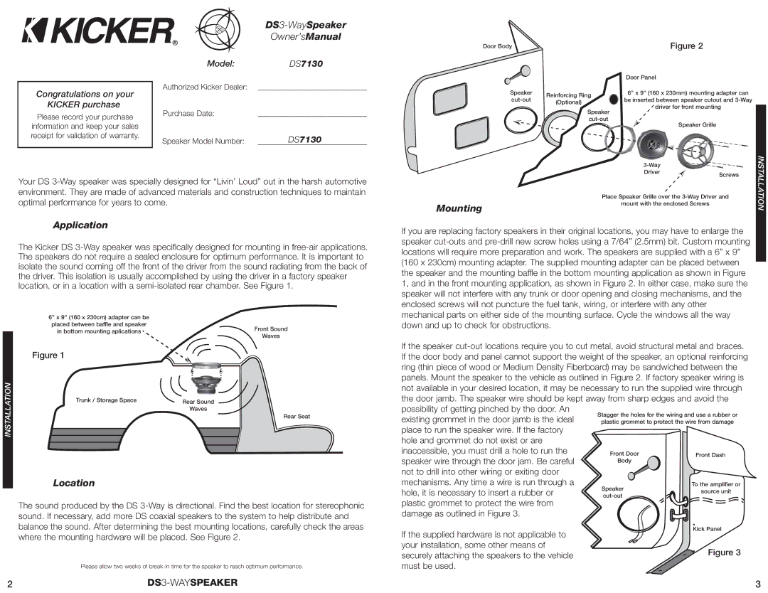 Kicker DS7130 manual DS3-WaySpeaker, Application, Location, Congratulations on your Kicker purchase, Model 