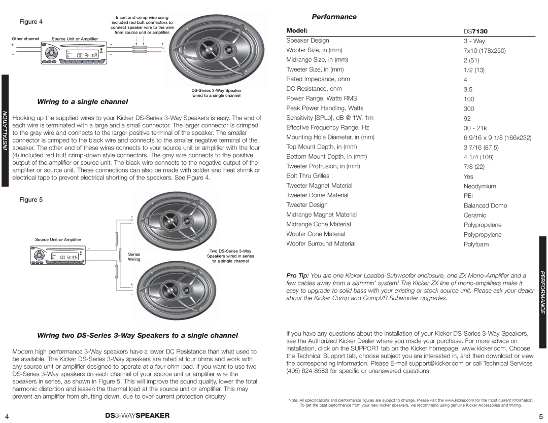 Kicker DS7130 manual Wiring to a single channel, Wiring two DS-Series 3-Way Speakers to a single channel, Performance 