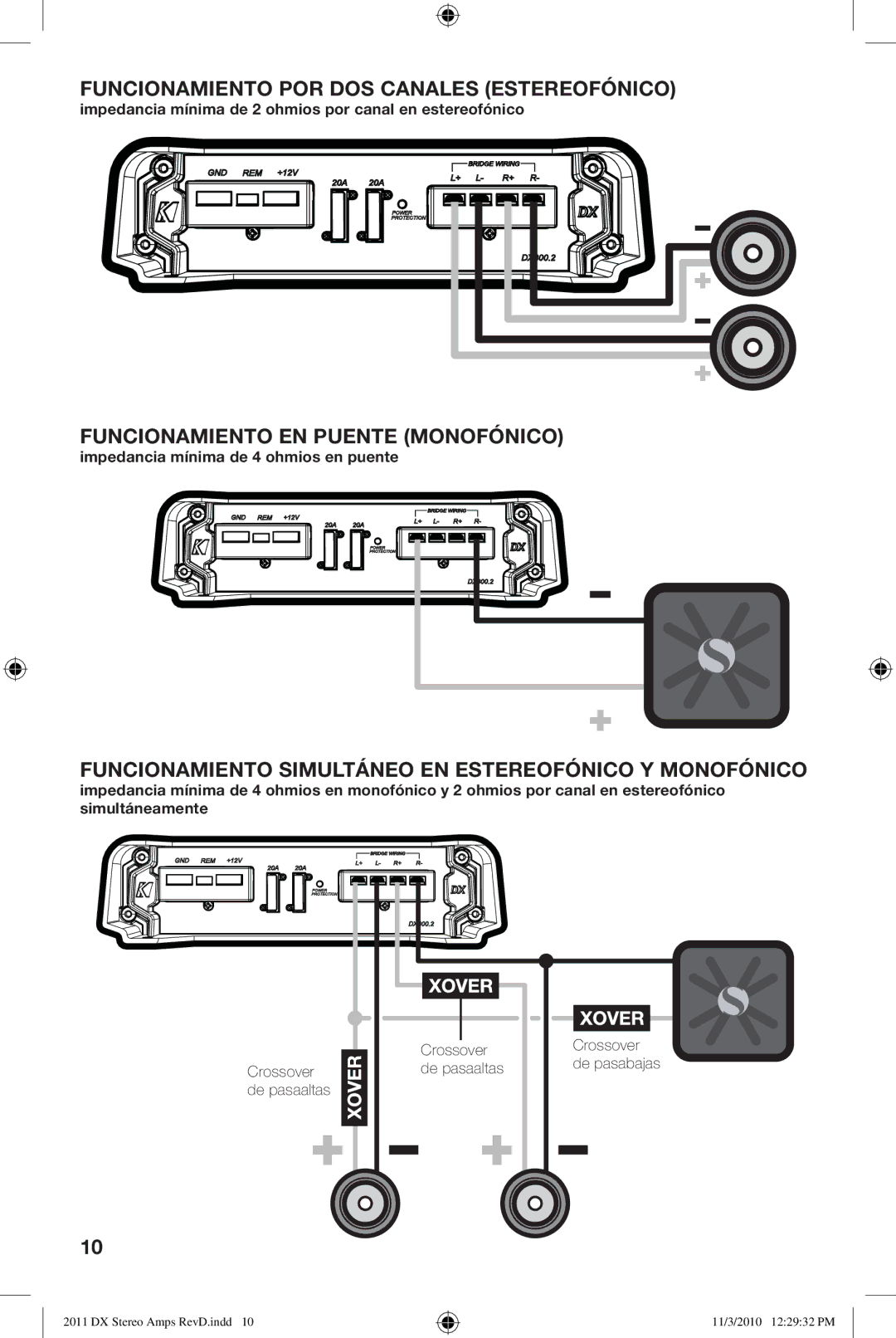 Kicker DX125.2 DX300.2 manual Funcionamiento POR DOS Canales Estereofónico, Funcionamiento EN Puente Monofónico 