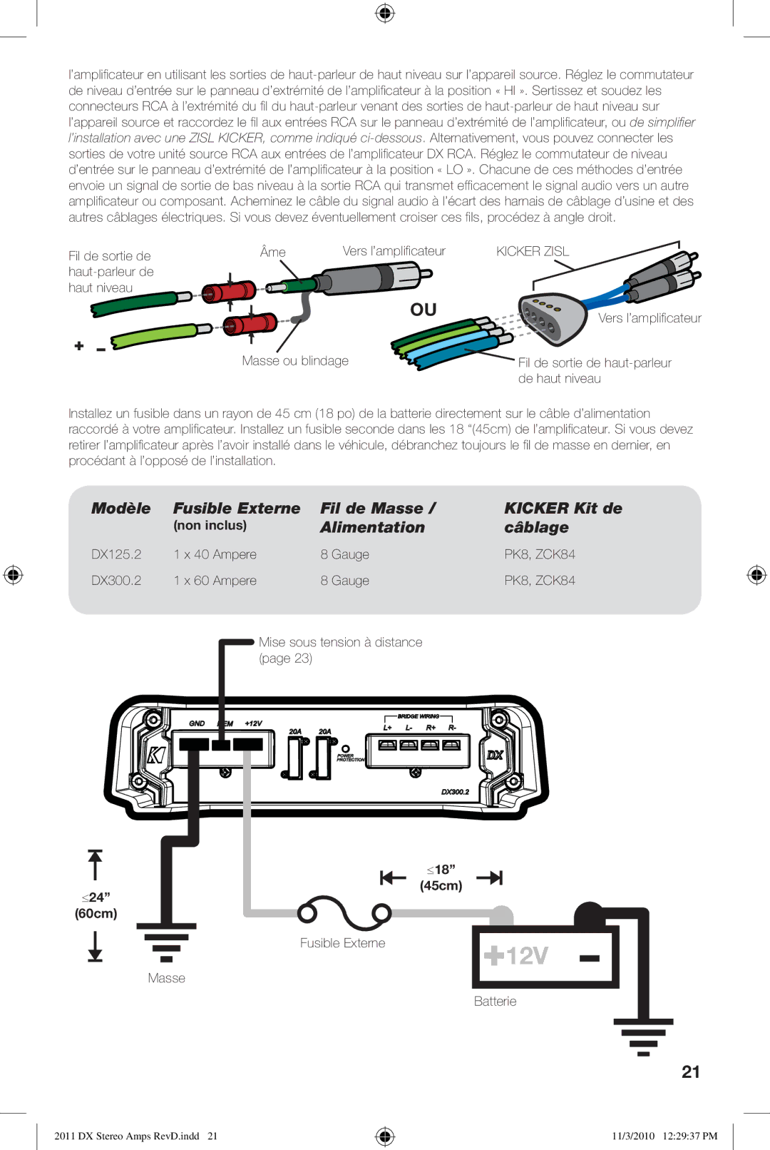 Kicker DX125.2 DX300.2 manual Modèle Fusible Externe Fil de Masse Kicker Kit de, Alimentation Câblage, Non inclus 