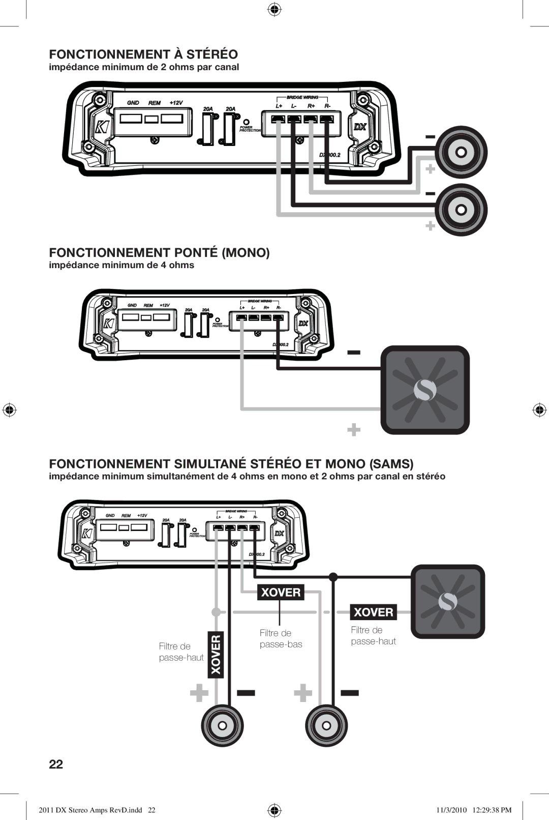 Kicker DX125.2 DX300.2 Fonctionnement À Stéréo, Fonctionnement Ponté Mono, Fonctionnement Simultané Stéréo ET Mono Sams 