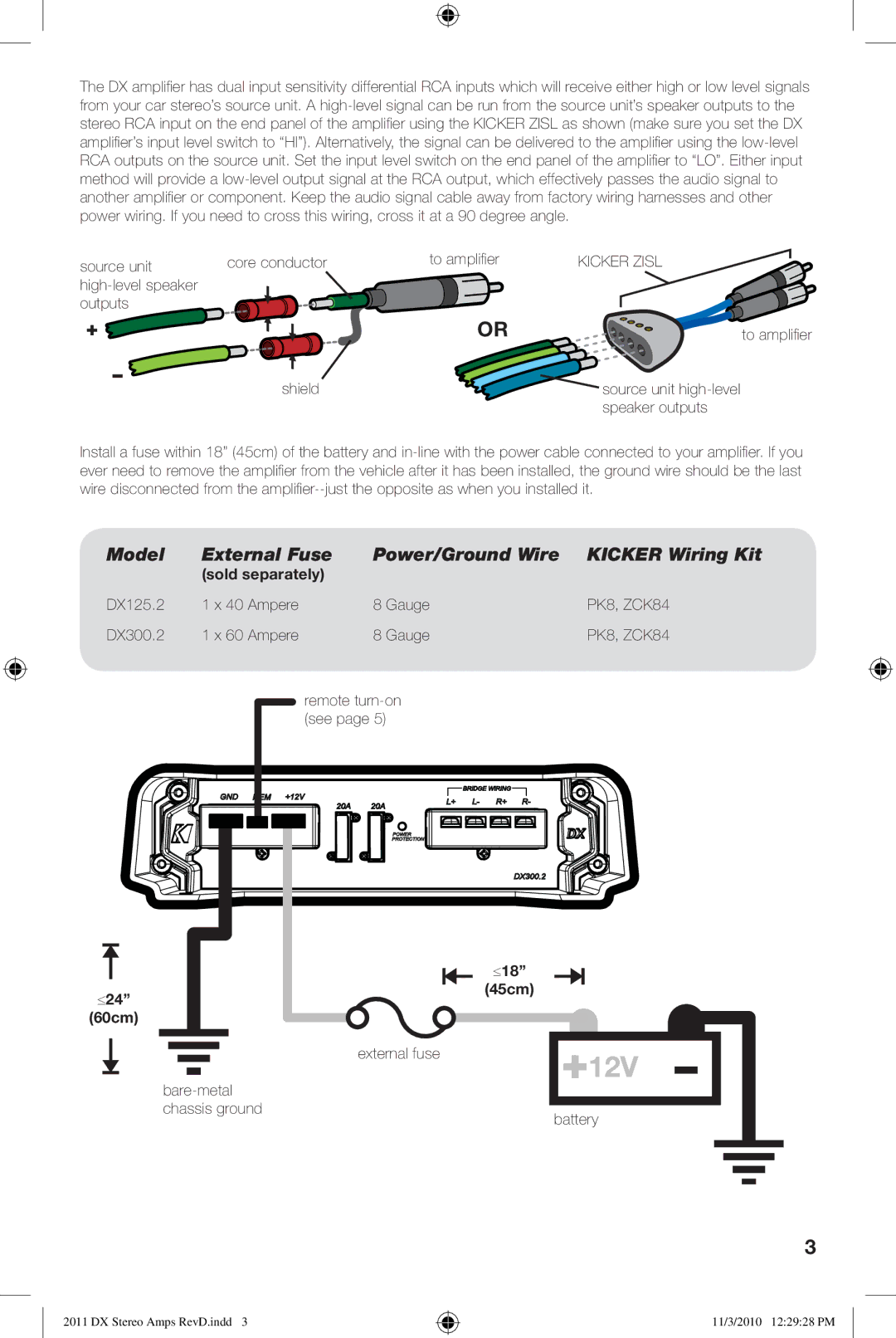 Kicker DX125.2 DX300.2 manual Model External Fuse Power/Ground Wire Kicker Wiring Kit, Sold separately, ≤24 60cm ≤18 45cm 