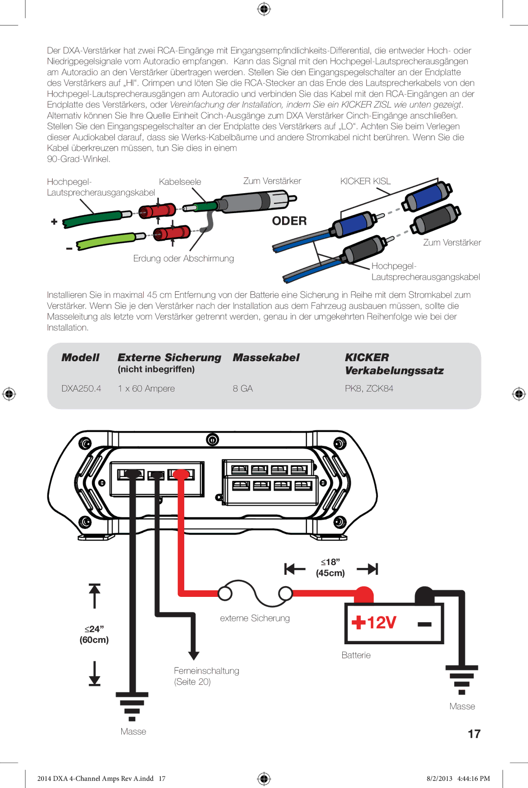 Kicker DXA 250.4 owner manual Oder, Erdung oder Abschirmung 