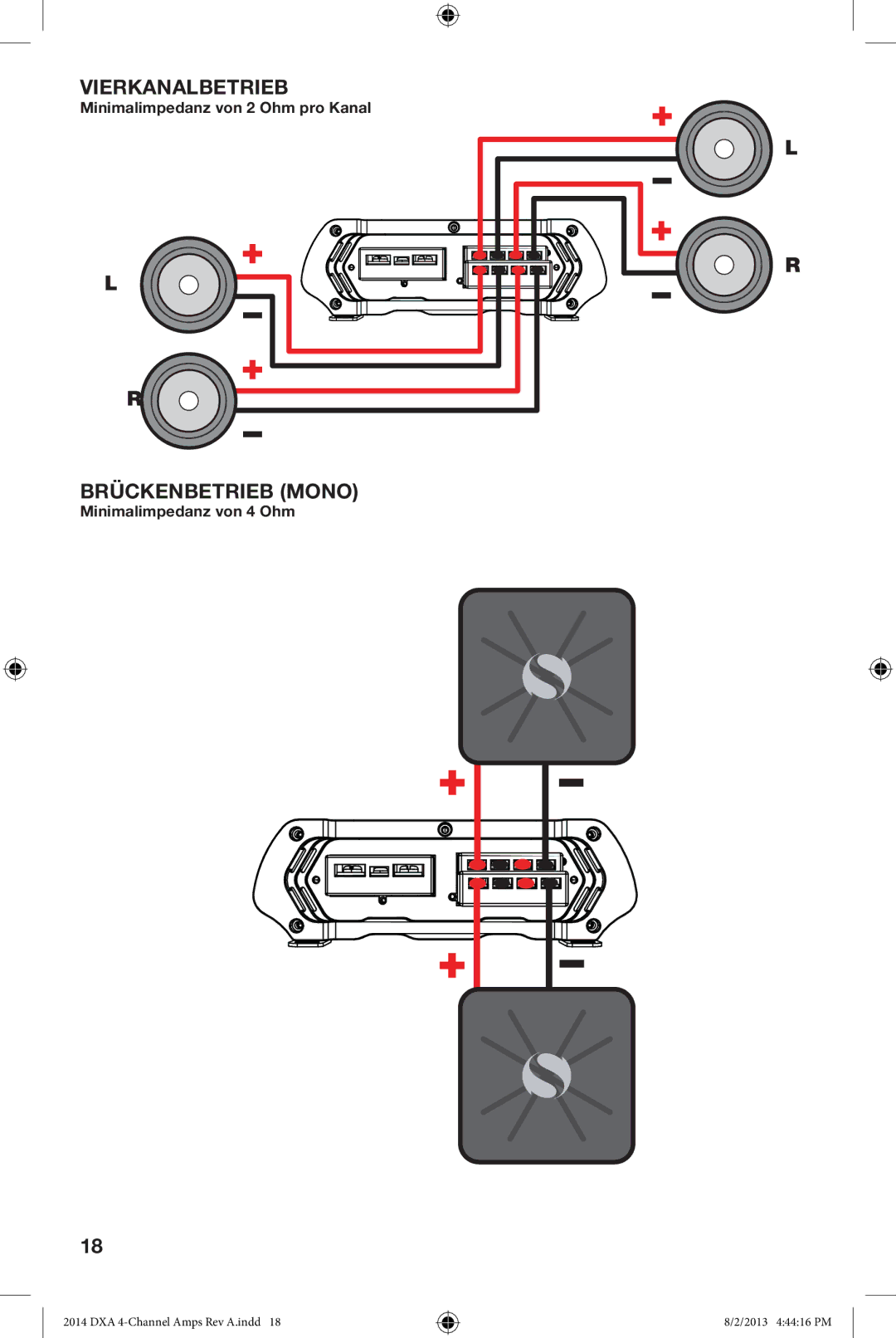 Kicker DXA 250.4 owner manual Vierkanalbetrieb, Brückenbetrieb Mono 