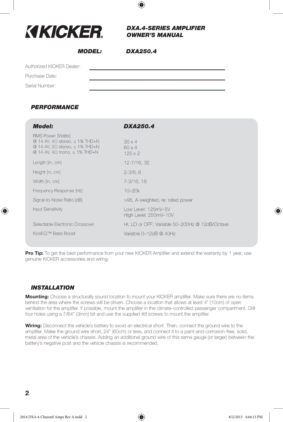 Kicker DXA 250.4 owner manual DXA.4-SERIES Amplifier, Model, Performance, Installation 