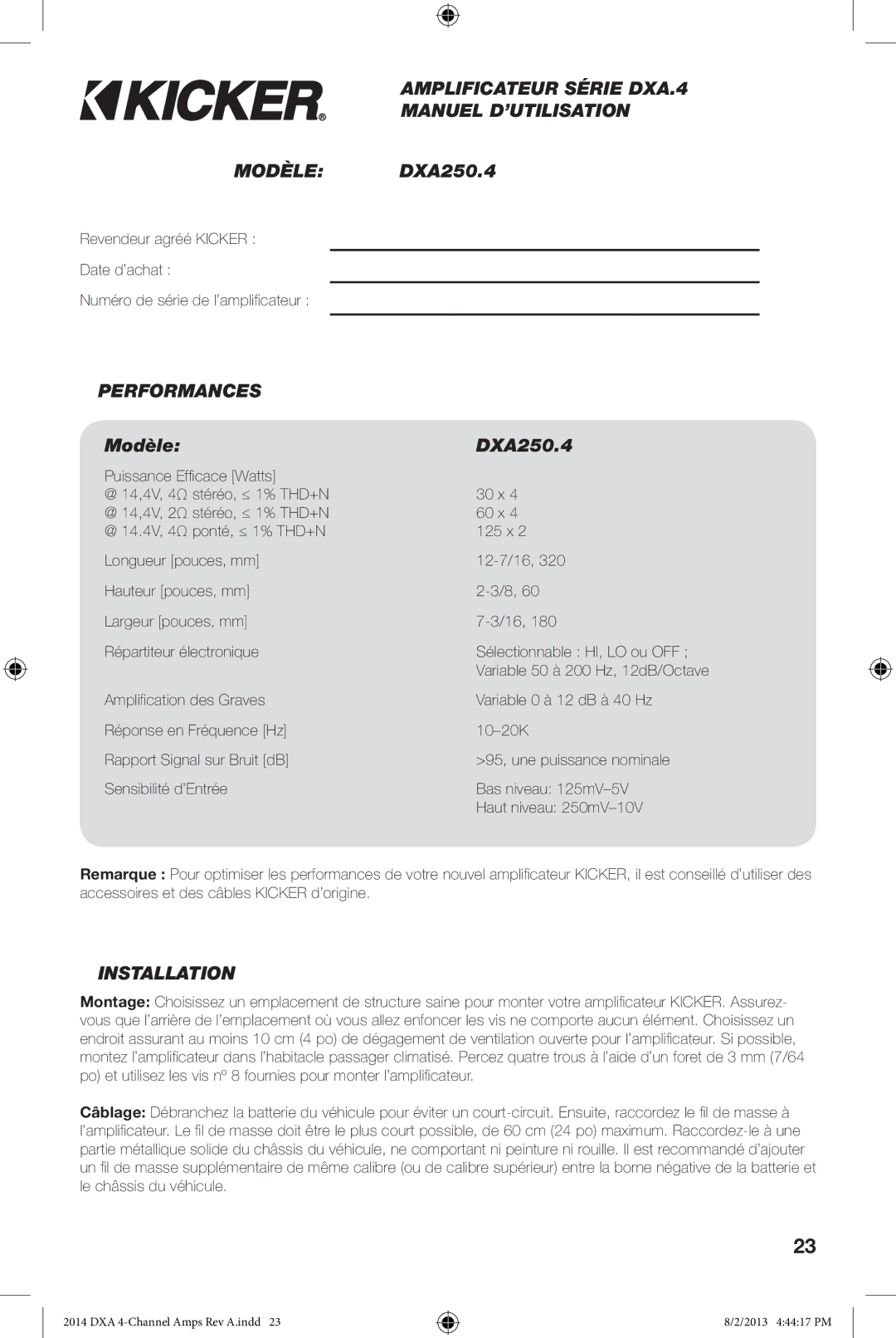 Kicker DXA 250.4 owner manual Amplificateur Série DXA.4, Manuel D’UTILISATION, Modèle, Performances 