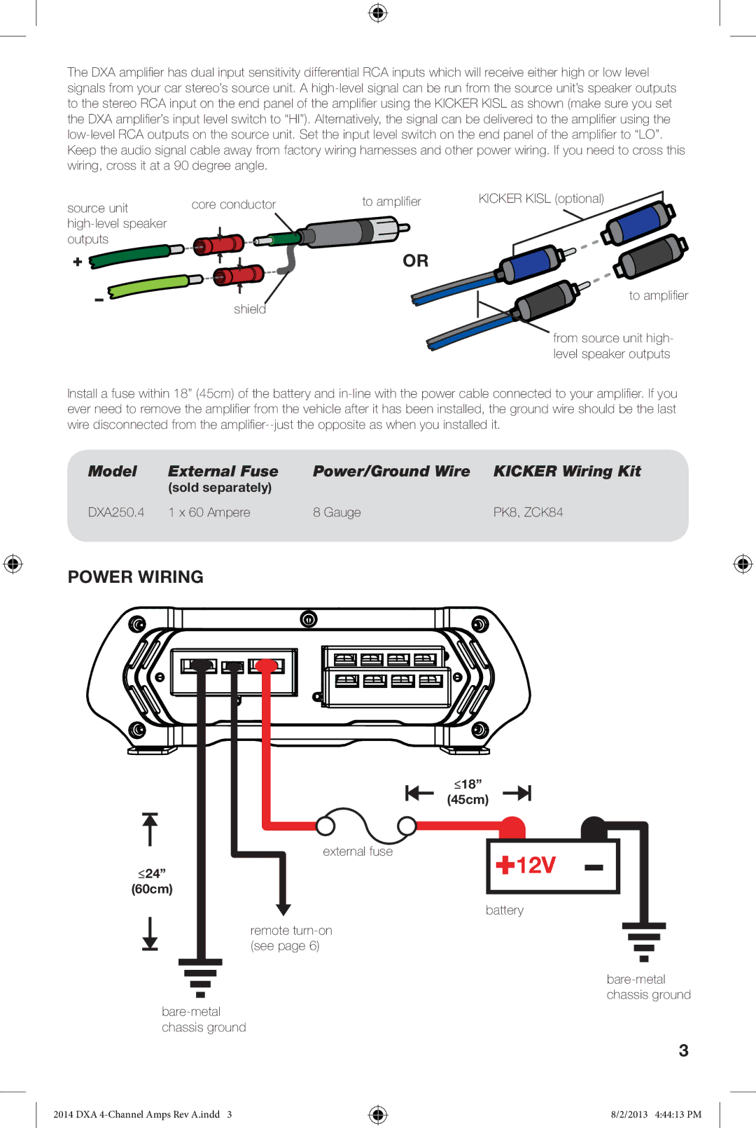 Kicker DXA 250.4 owner manual 12V, Power Wiring 