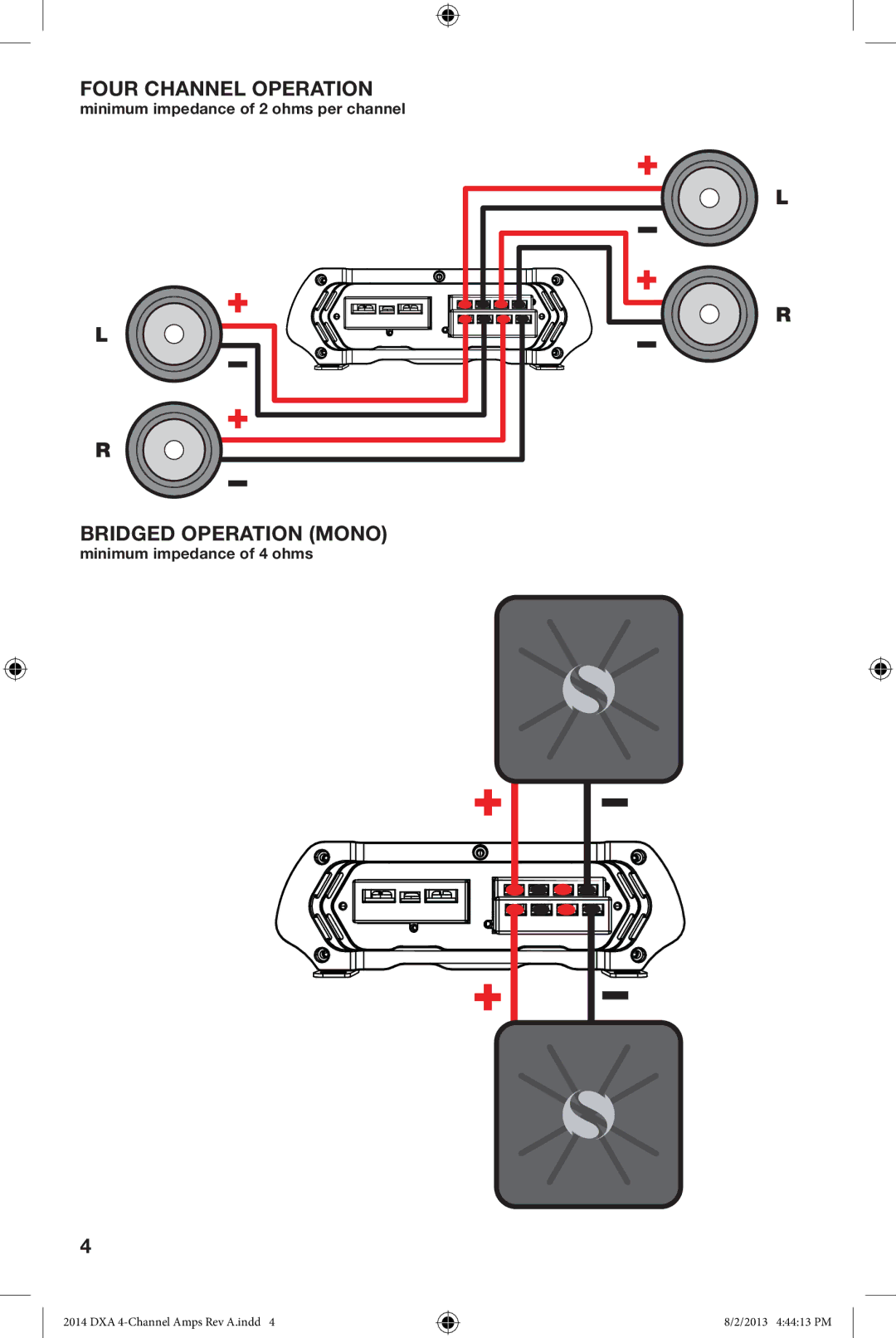 Kicker DXA 250.4 owner manual Four Channel Operation, Bridged Operation Mono 