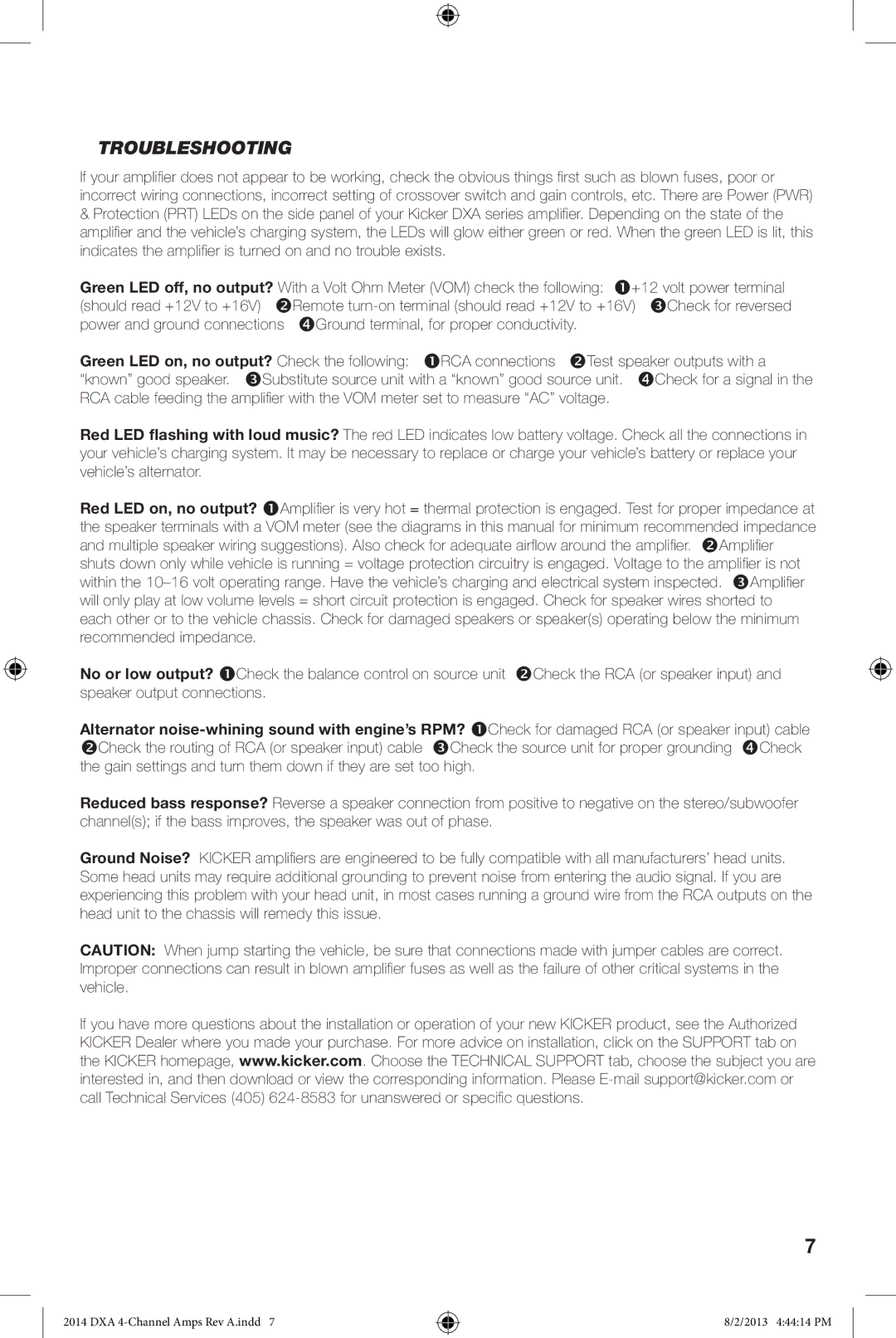 Kicker DXA 250.4 owner manual Troubleshooting 