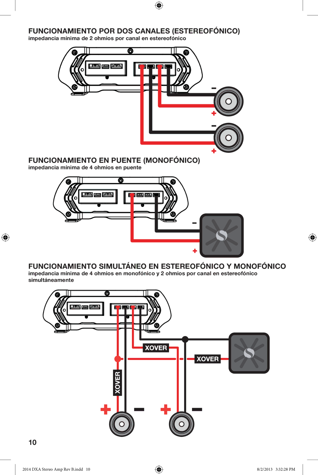 Kicker DXA125.2 owner manual Funcionamiento POR DOS Canales Estereofónico, Funcionamiento EN Puente Monofónico 