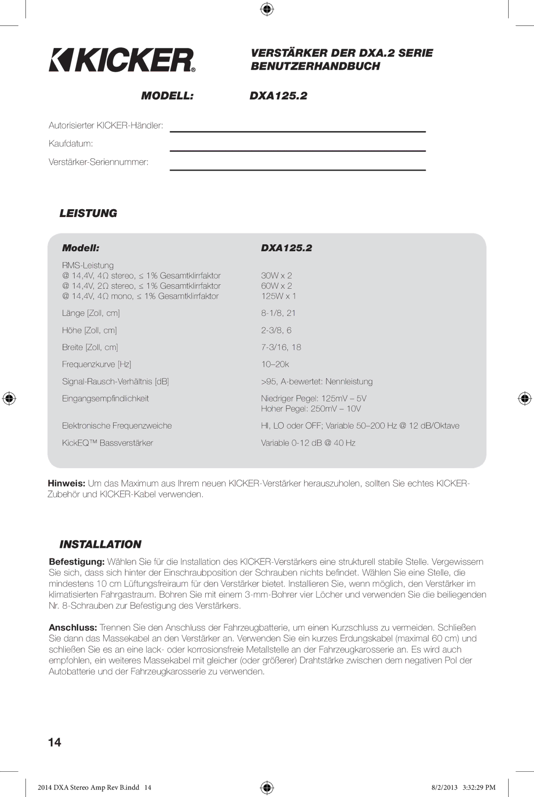 Kicker DXA125.2 owner manual Verstärker DER DXA.2 Serie, Benutzerhandbuch, Modell, Leistung 