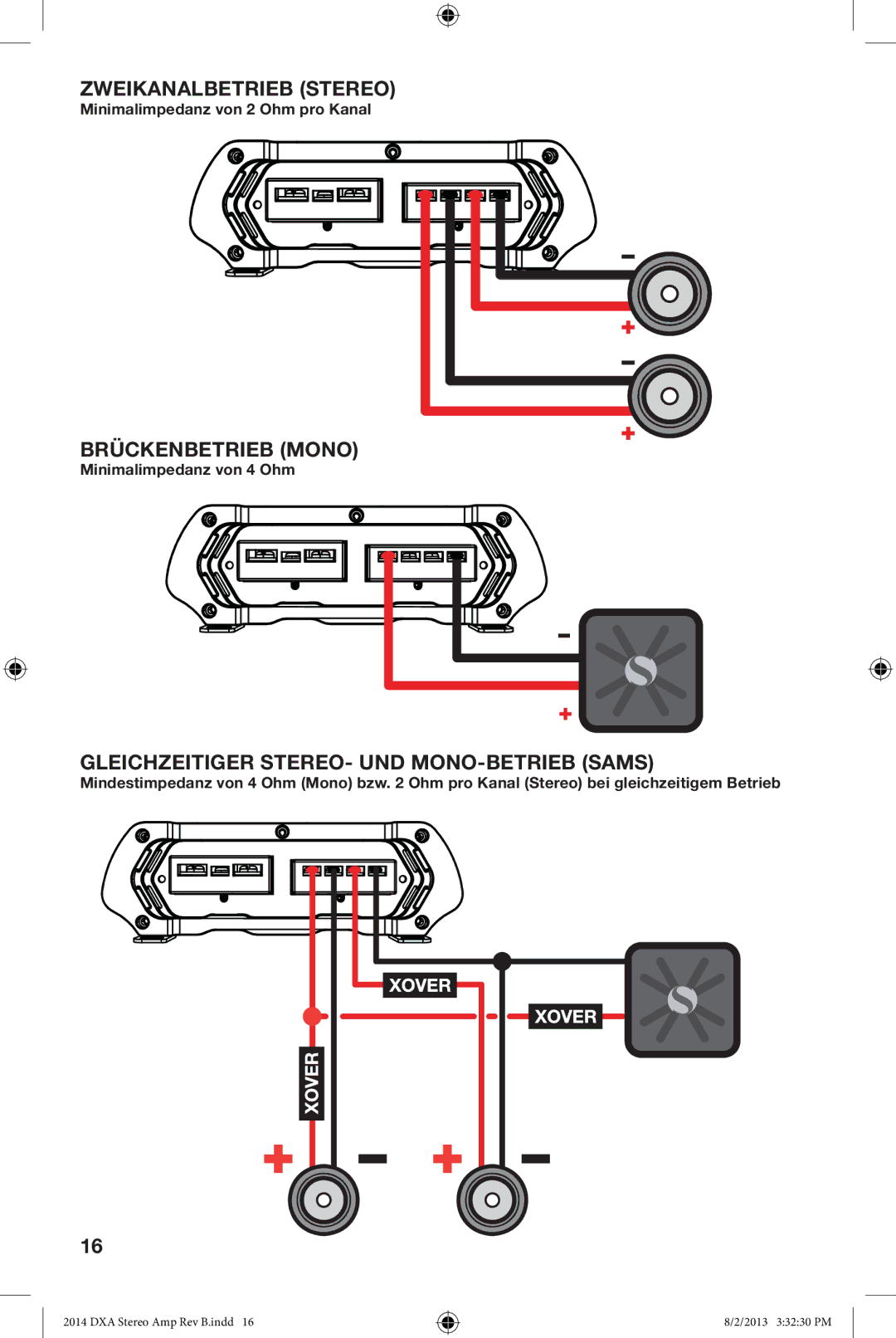 Kicker DXA125.2 owner manual Zweikanalbetrieb Stereo, Brückenbetrieb Mono, Gleichzeitiger STEREO- UND MONO-BETRIEB Sams 