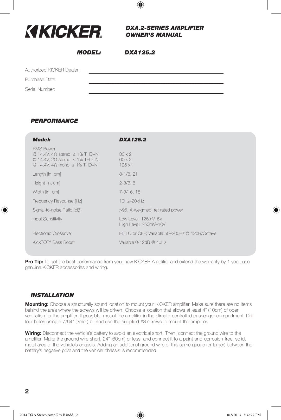 Kicker owner manual DXA.2-SERIES Amplifier Model DXA125.2, Performance, Installation 