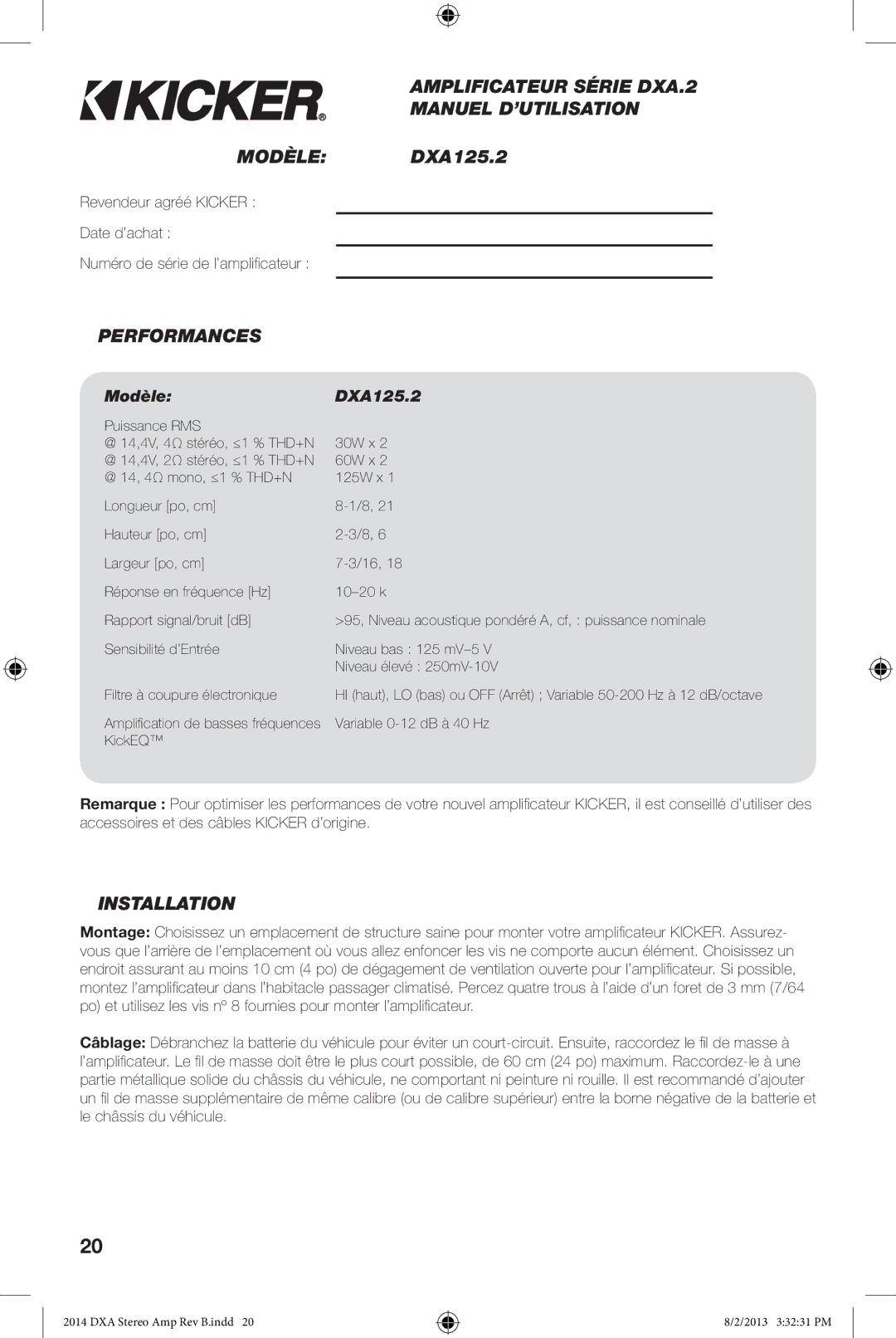 Kicker owner manual Performances, Modèle DXA125.2 