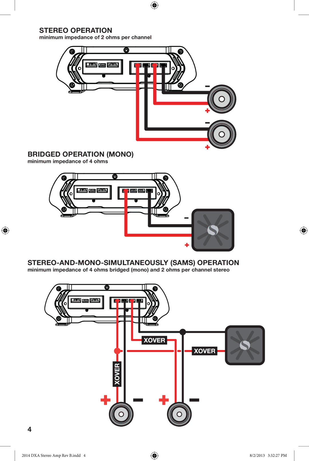 Kicker DXA125.2 owner manual Stereo Operation, Bridged Operation Mono, STEREO-AND-MONO-SIMULTANEOUSLY Sams Operation 