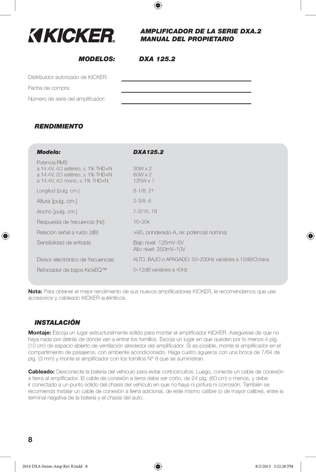Kicker DXA125.2 owner manual Amplificador DE LA Serie DXA.2, Manual DEL Propietario, Modelos, Rendimiento, Instalación 