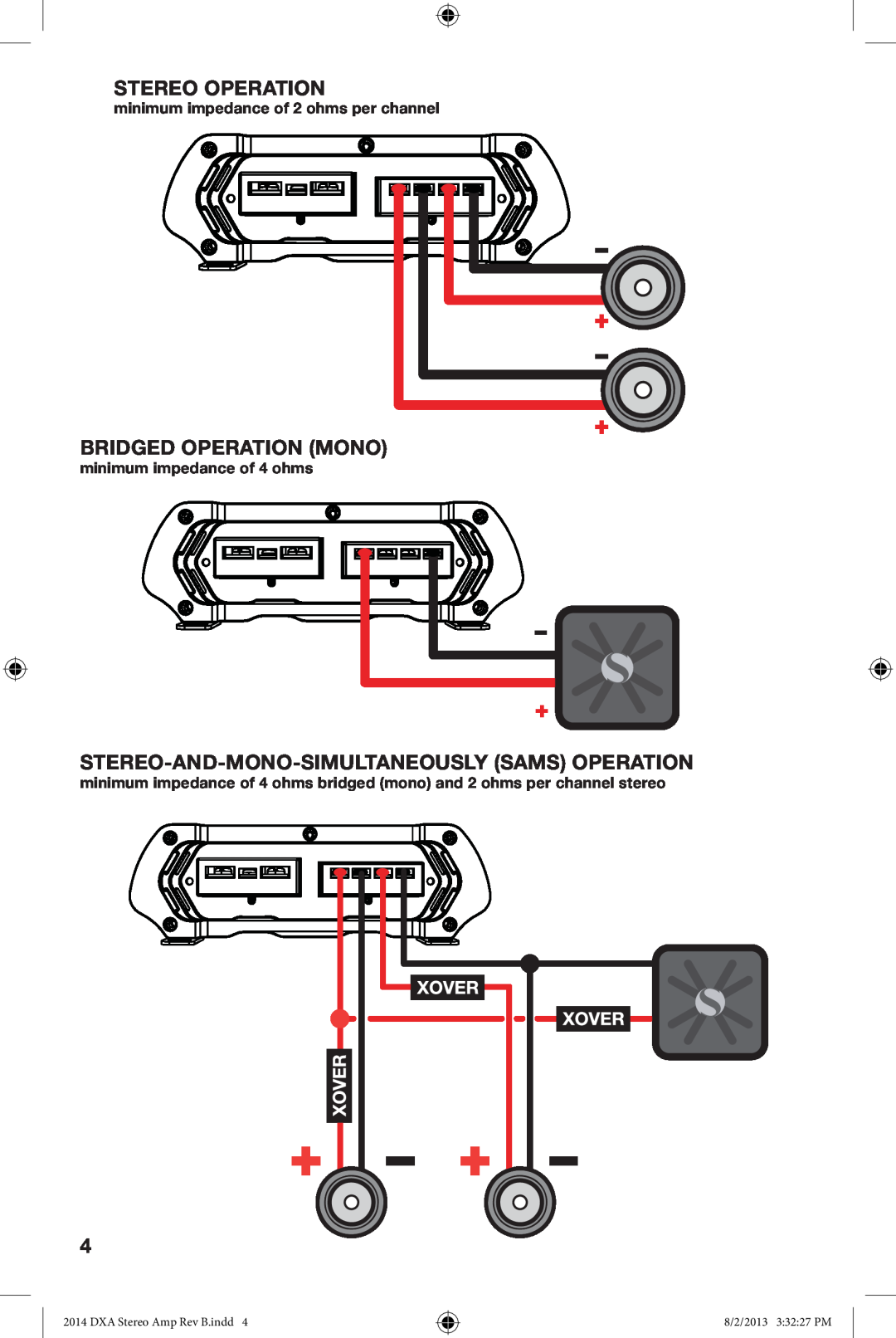 Kicker DXA125.2 owner manual Stereo Operation, Bridged Operation Mono, Stereo-And-Mono-Simultaneously Sams Operation 