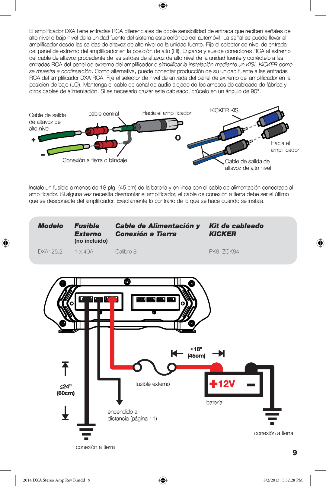 Kicker DXA125.2 Modelo, Fusible, Cable de Alimentación y, Kit de cableado, Externo, Conexión a Tierra, Kicker, no incluido 