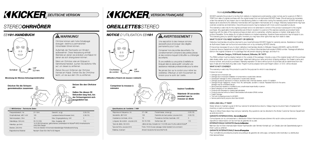 Kicker EB101 owner manual Stereoohrhörer, Oreillettesstereo, Warnung 