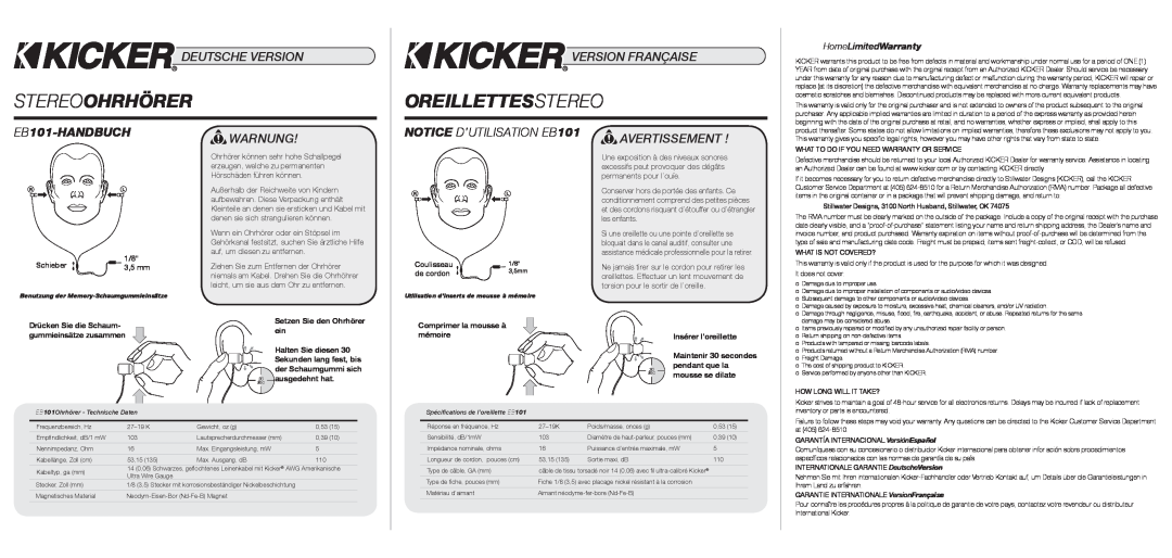 Kicker Stereoohrhörer, Oreillettesstereo, EB101-HANDBUCH, Warnung, NOTICE D’UTILISATION EB101, Deutsche Version 