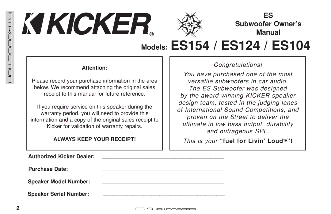 Kicker manual Models ES154 / ES124 / ES104, This is your fuel for Livin’ Loud 