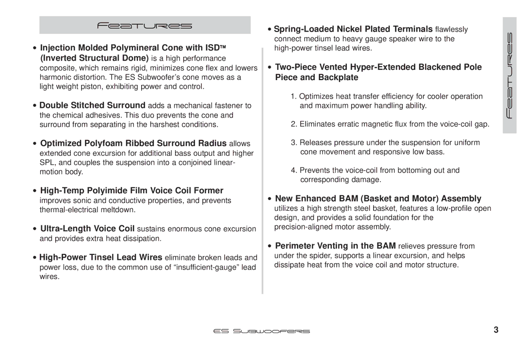 Kicker ES154, ES104, ES124 manual Features 
