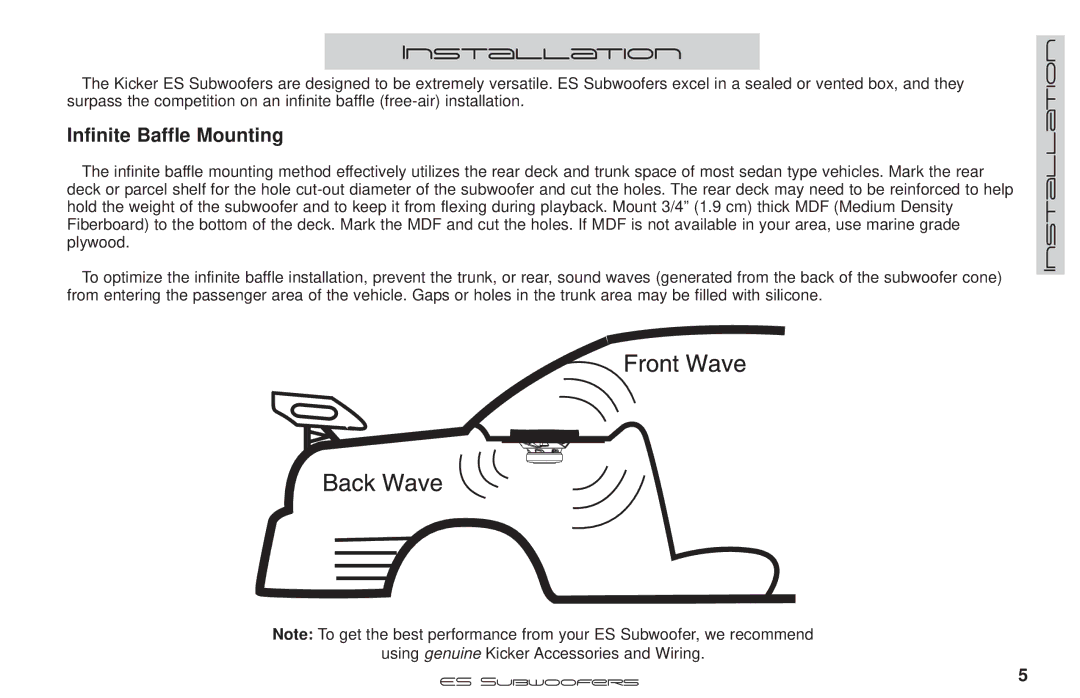 Kicker ES124, ES154, ES104 manual Installation, Infinite Baffle Mounting 