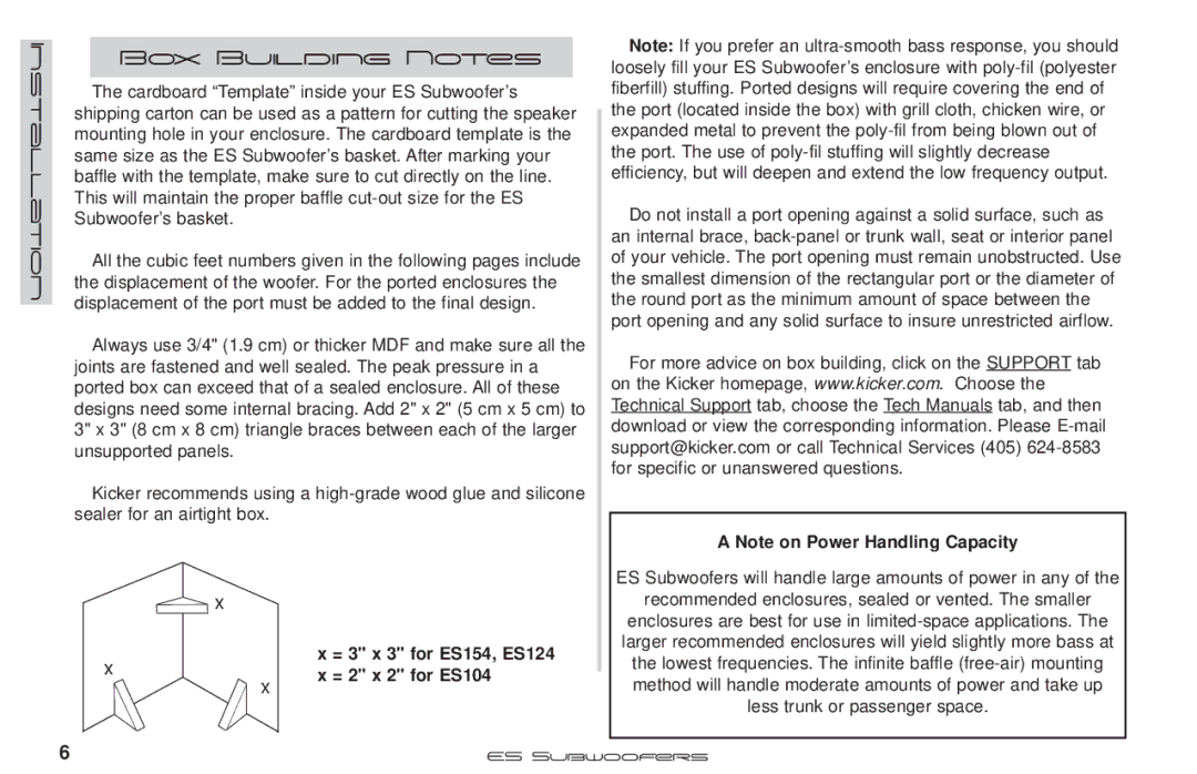 Kicker ES154, ES104, ES124 manual Box Building Notes 