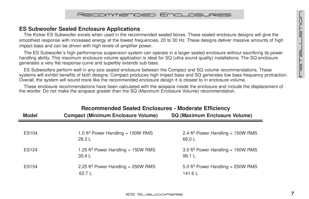 Kicker ES104, ES154, ES124 ES Subwoofer Sealed Enclosure Applications, Recommended Sealed Enclosures Moderate Efficiency 