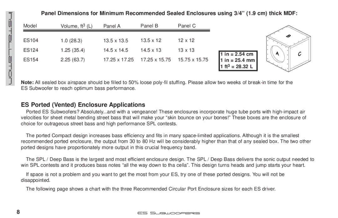 Kicker ES124, ES154, ES104 manual ES Ported Vented Enclosure Applications 