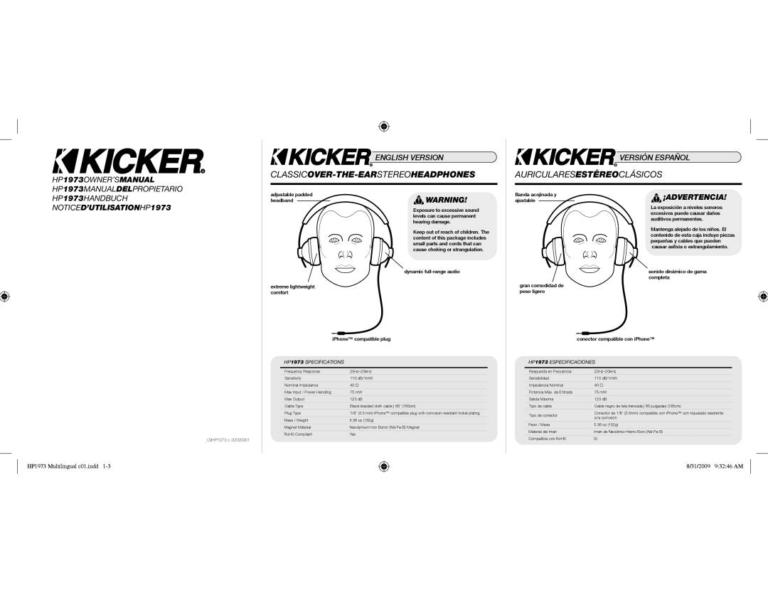 Kicker HP1972 owner manual ¡Advertencia, HP 1973 Specifications, HP 1973 Especificaciones 