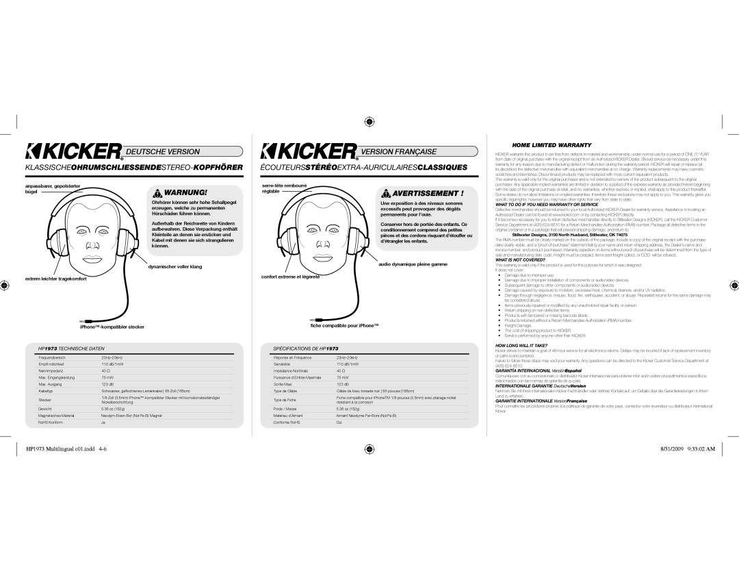 Kicker HP1972 owner manual Klassischeohrumschliessendestereo-Kopfhörer, Avertissement, HP 1973 Technische Daten 