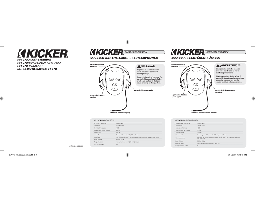 Kicker owner manual HP1973OWNER’SMANUAL, ¡Advertencia, English Version, Versión Español, HP1973 Multilingual c01.indd 