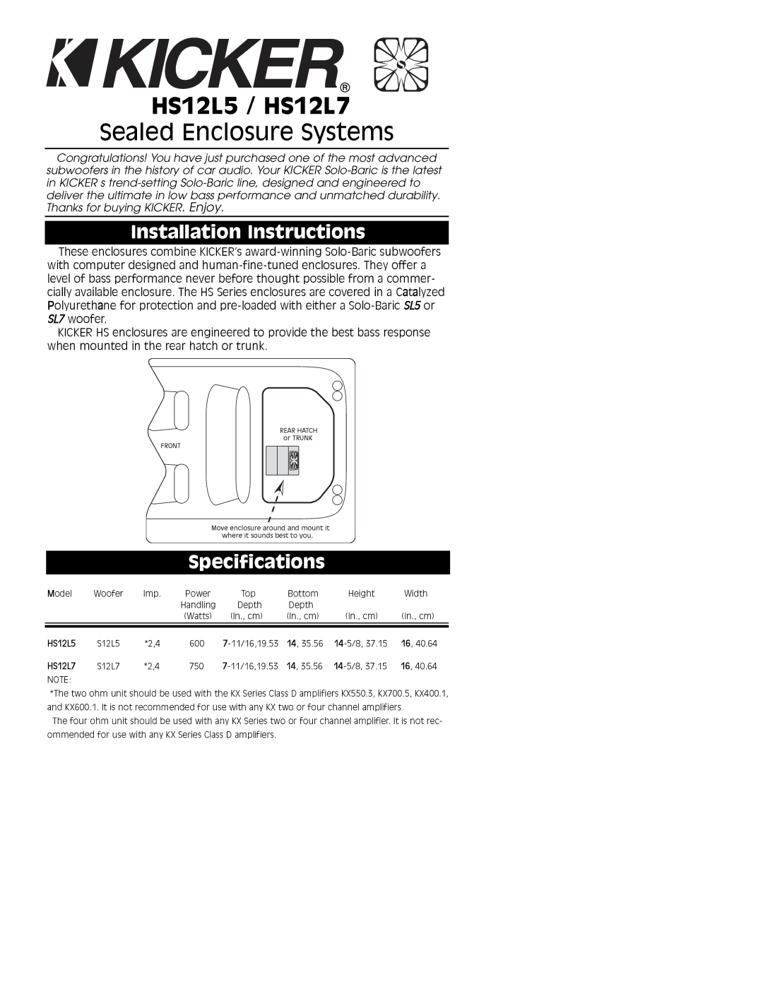 Kicker specifications HS12L5 / HS12L7 