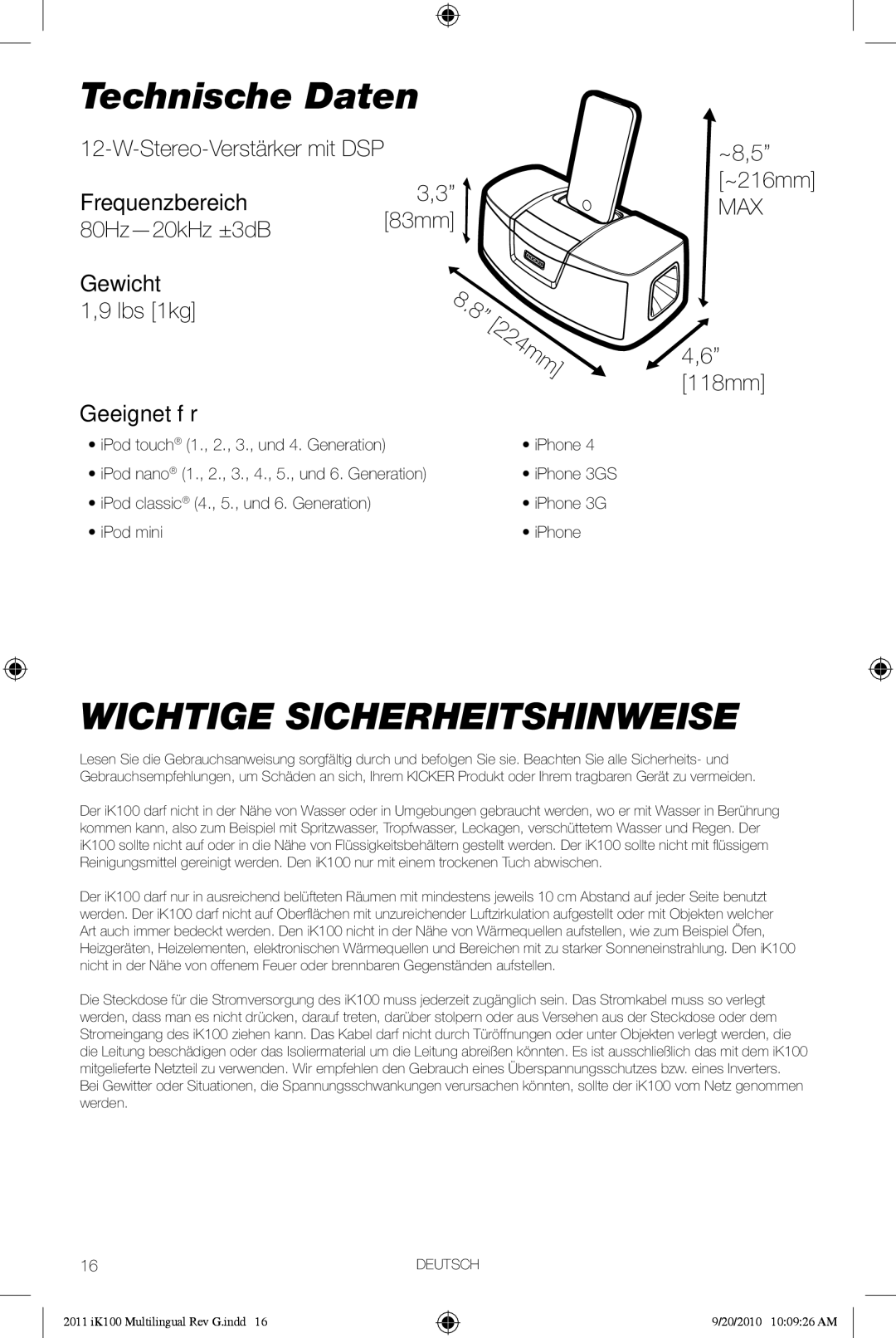 Kicker iK100 owner manual Technische Daten, Wichtige Sicherheitshinweise, Frequenzbereich, Gewicht, Geeignet für 