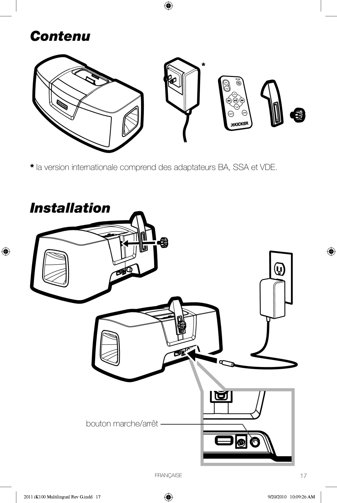 Kicker iK100 owner manual Contenu, Bouton marche/arrêt 