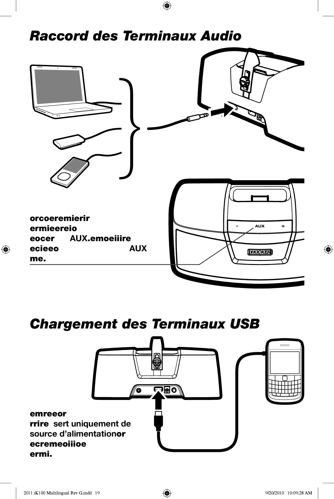 Kicker iK100 owner manual Raccord des Terminaux Audio, Chargement des Terminaux USB 