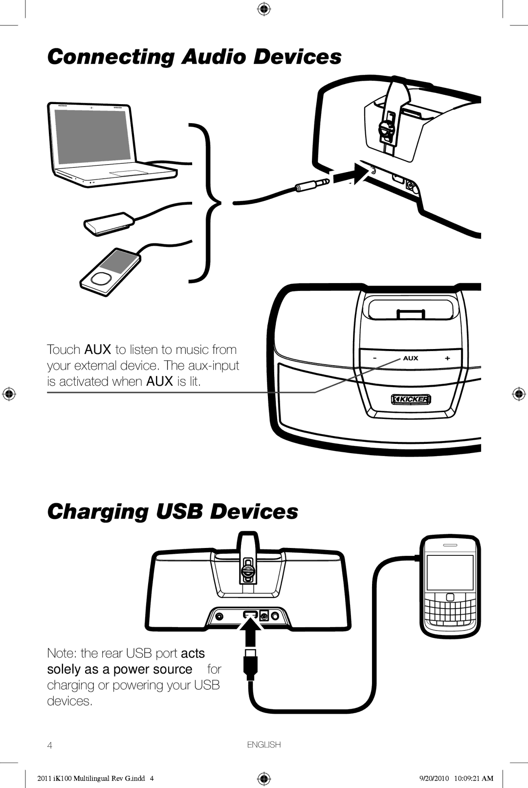 Kicker iK100 owner manual Connecting Audio Devices, Charging USB Devices 