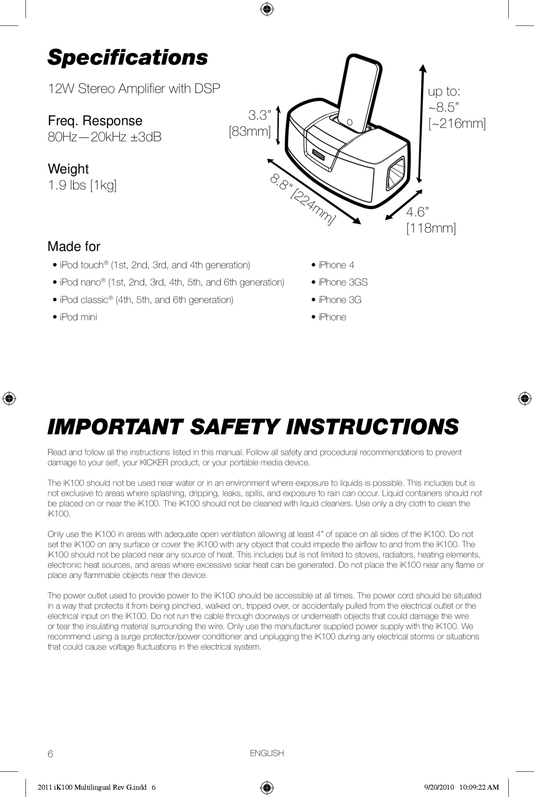 Kicker iK100 owner manual Speciﬁcations, Important Safety Instructions, Freq. Response, Weight, Made for 