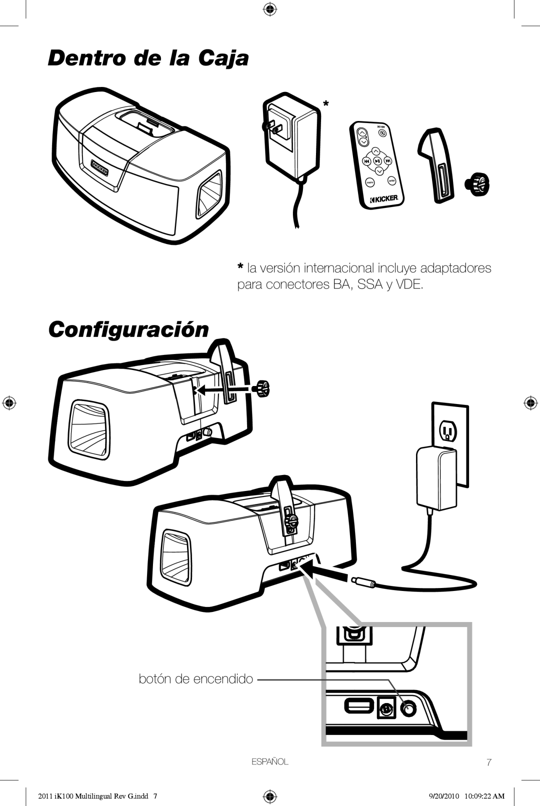 Kicker iK100 owner manual Dentro de la Caja, Conﬁguración, Botón de encendido 