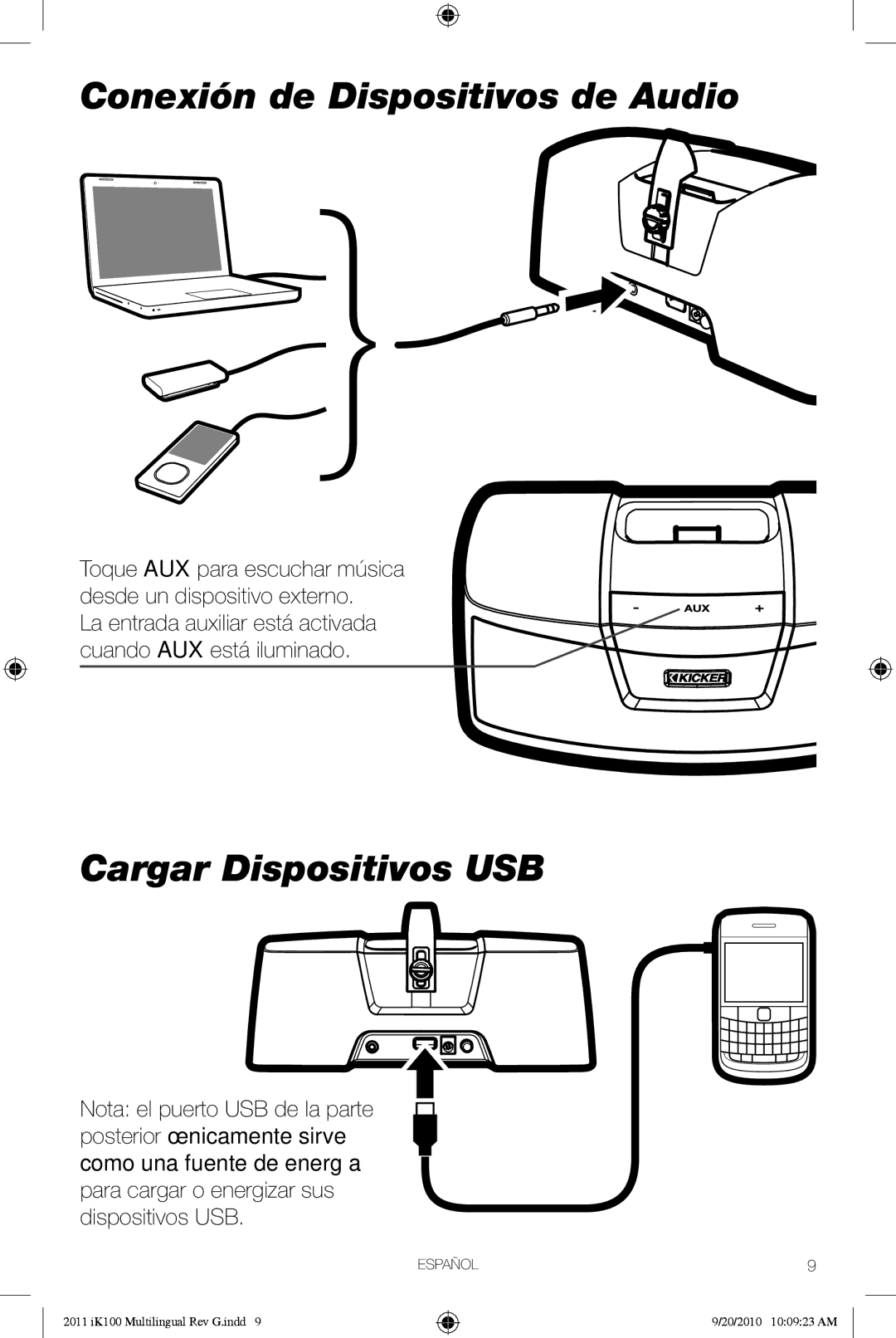 Kicker iK100 owner manual Conexión de Dispositivos de Audio, Cargar Dispositivos USB 