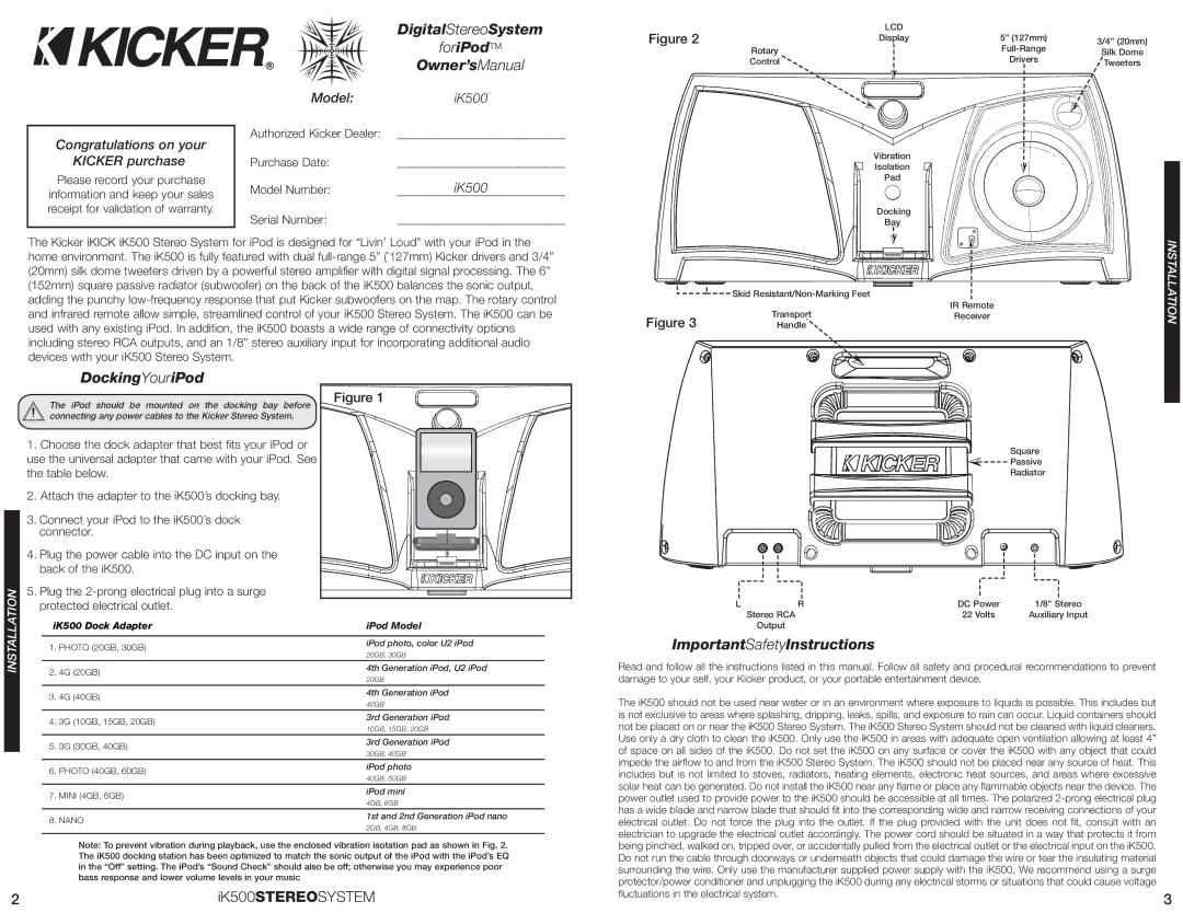 Kicker IK500 manual DigitalStereoSystem, ForiPodTM, Owner’sManual, DockingYouriPod, ImportantSafetyInstructions 